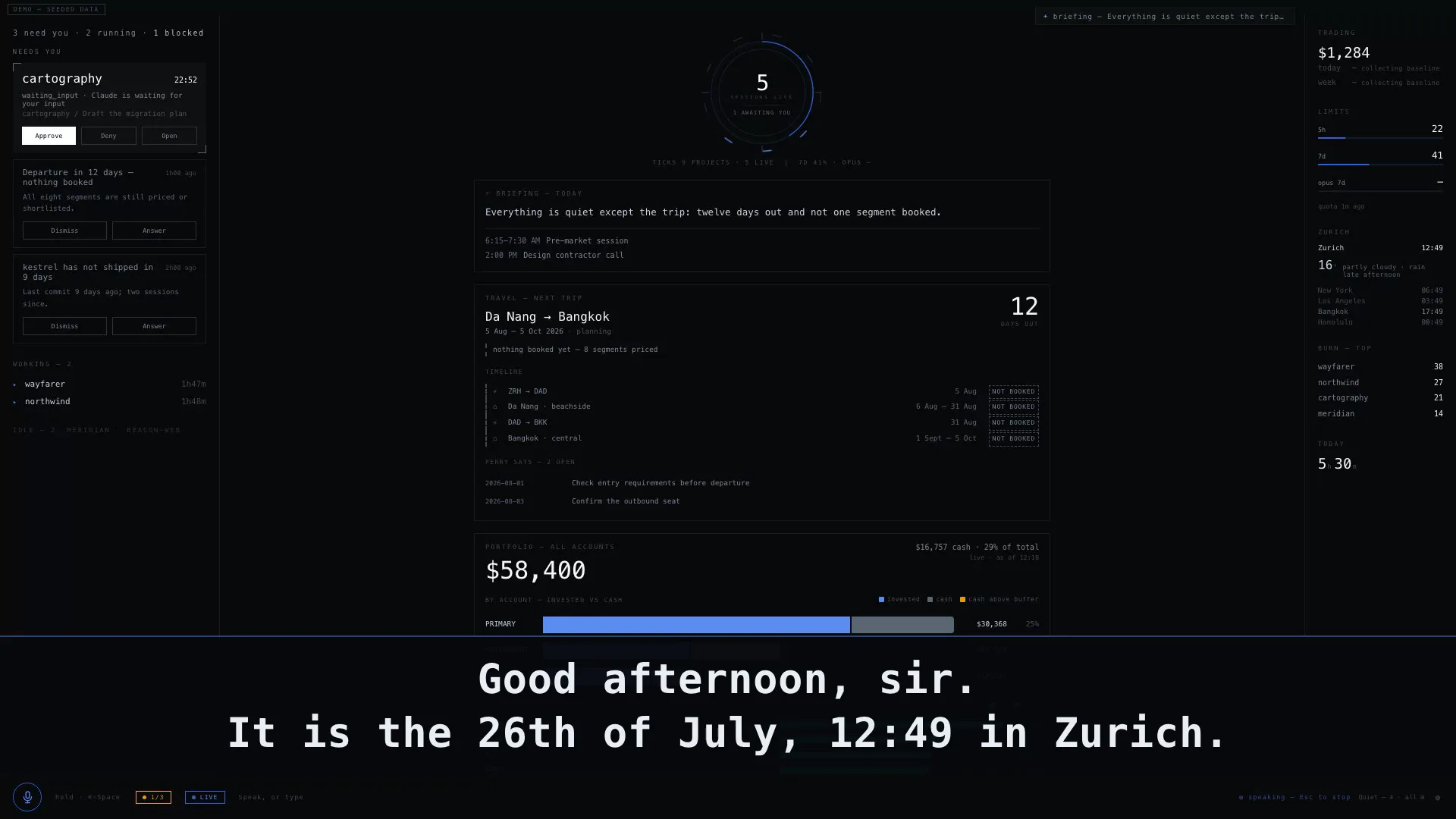 The Fleet dashboard mid-briefing: project status, an unbooked trip, live sessions and account balances on one dark screen.