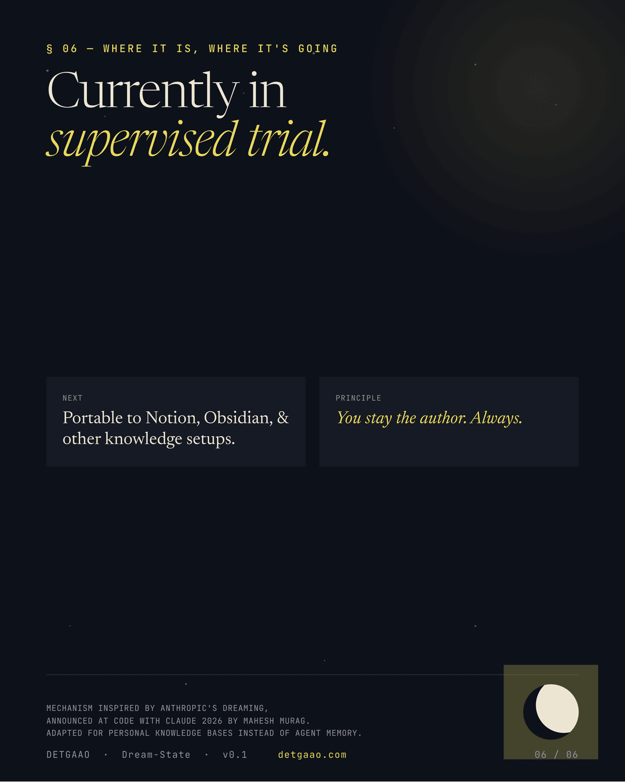Where Dream is now and where it's going: currently in supervised trial. Next, portable to Notion, Obsidian, and other knowledge setups. Principle: you stay the author. Always.