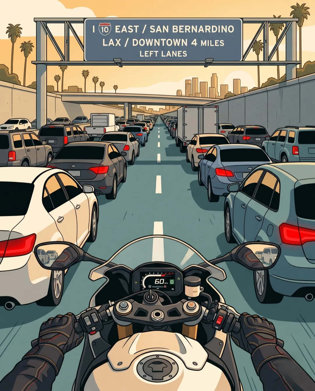 Rider's first-person view from a motorcycle lane-splitting between two rows of stopped traffic on a Los Angeles freeway at dusk, an overhead sign reading I-10 East / San Bernardino, LAX / Downtown 4 miles ahead.