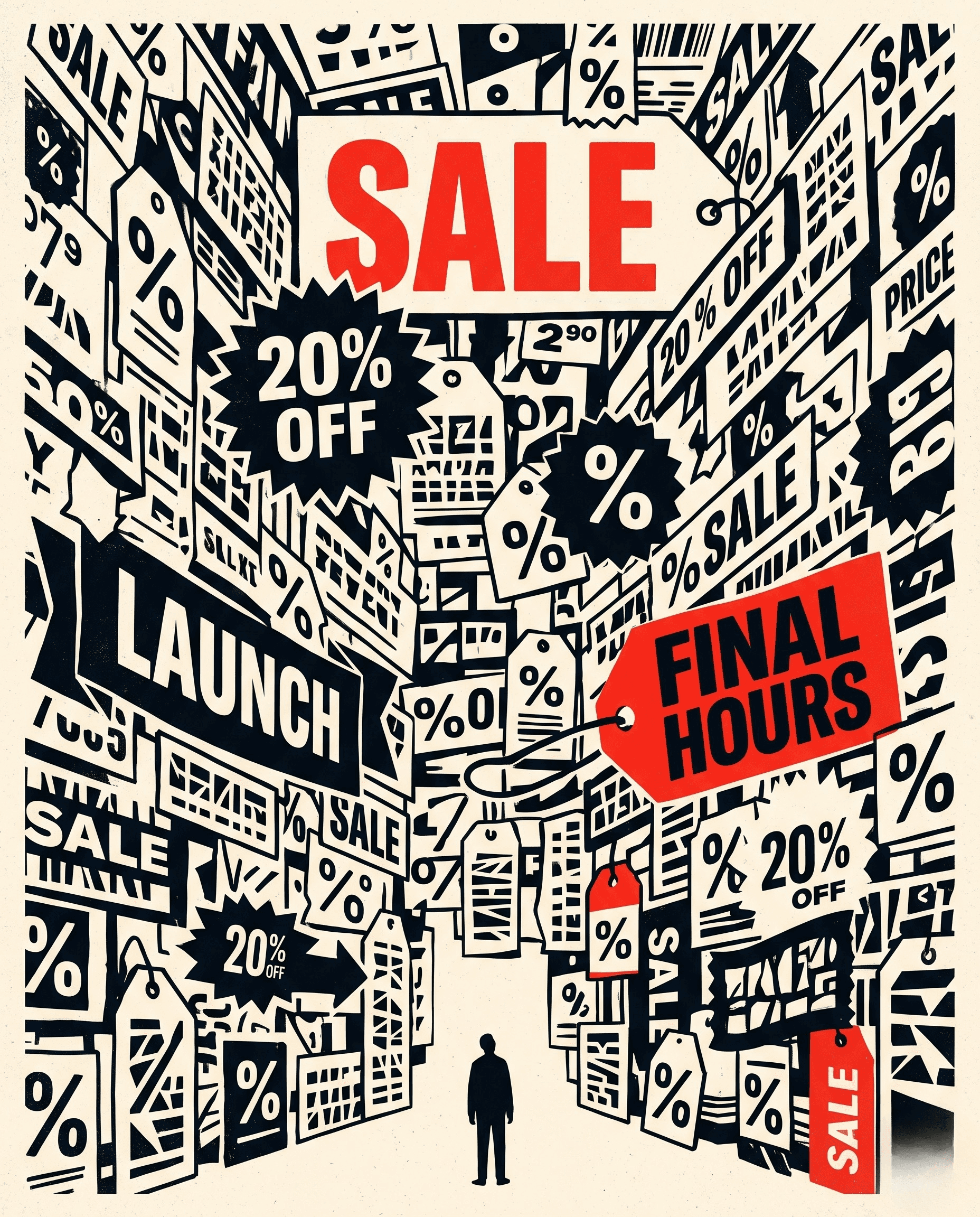Dense black-and-white woodcut-style collage of overlapping discount signs — SALE, 20% OFF, LAUNCH, FINAL HOURS, price tags and percent symbols crammed edge to edge — with a single small human figure standing alone at the bottom, dwarfed by the wall of markdowns. SALE and FINAL HOURS picked out in red.